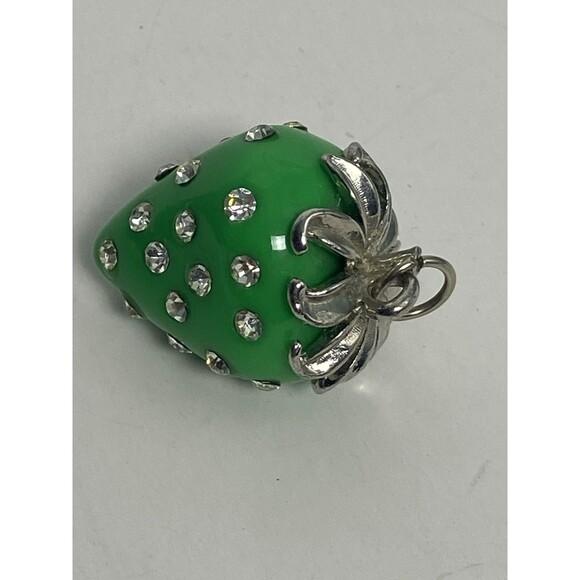 Strawberry Green Charm Rhinestones Silver Tone Metal Setting Vintage Heavy Hang - Picture 1 of 5